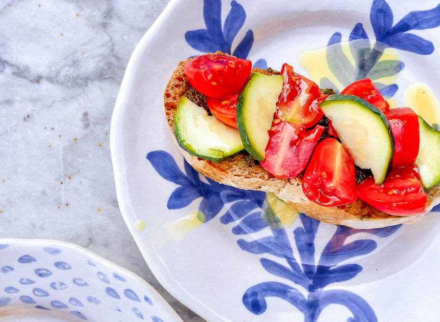 Bruschetta with Basil Pesto, Tomatoes, & Marinated Zucchini